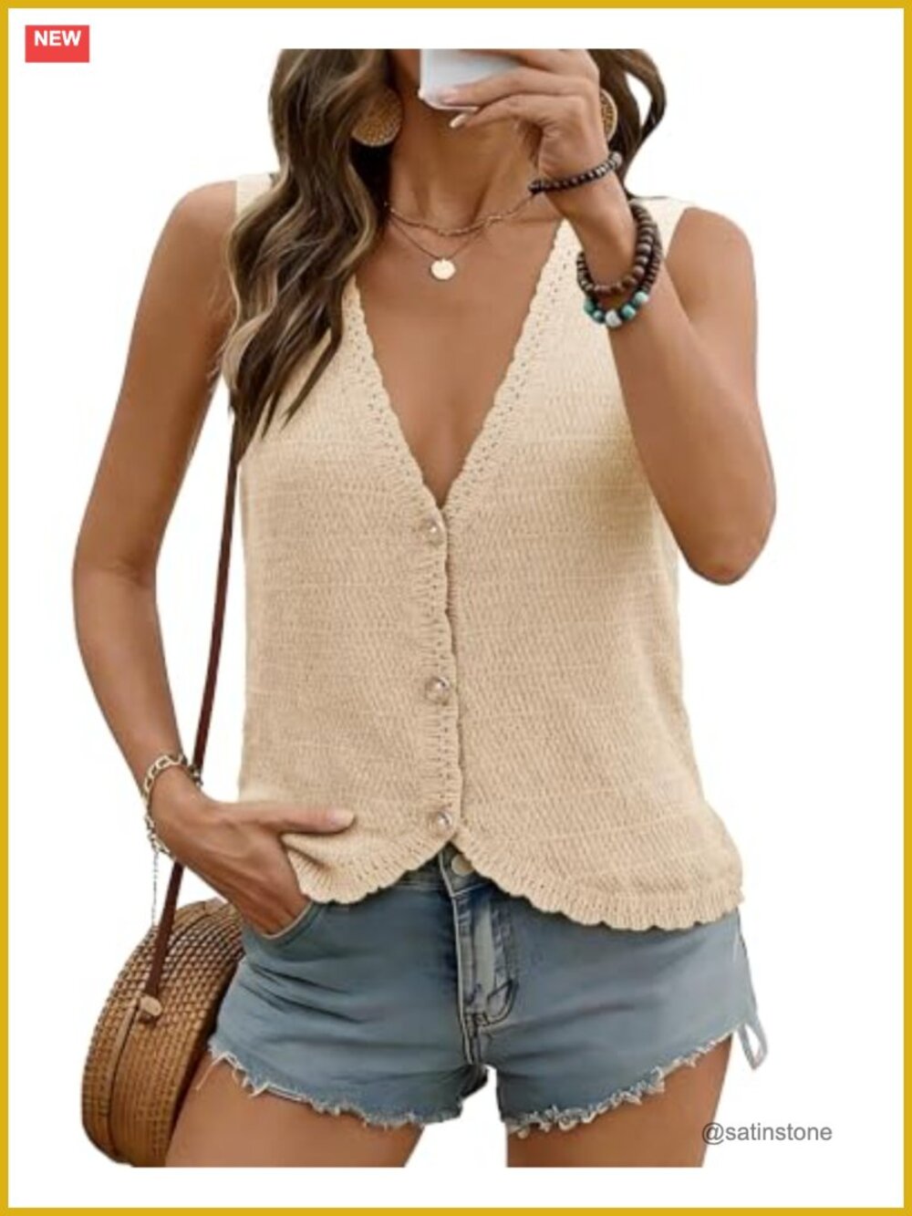 Crochet Knit Button Down V Neck Sweater Vest Sleeveless Tank Top Women